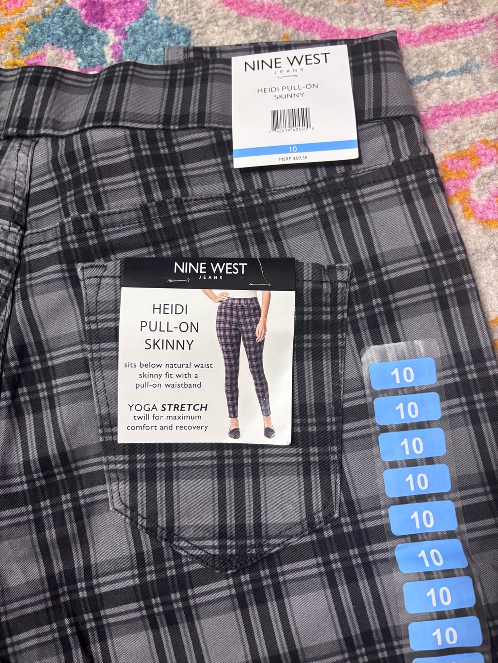 Nine West Heidi Pull-On Skinny Glasgow Plaid work pants - Gray/Black office nwt